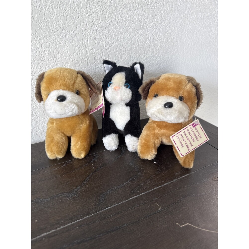 3 Purina Pets For People Vintage Plush Cat & Dog 1996 Stuffed Animal Kitten Pup